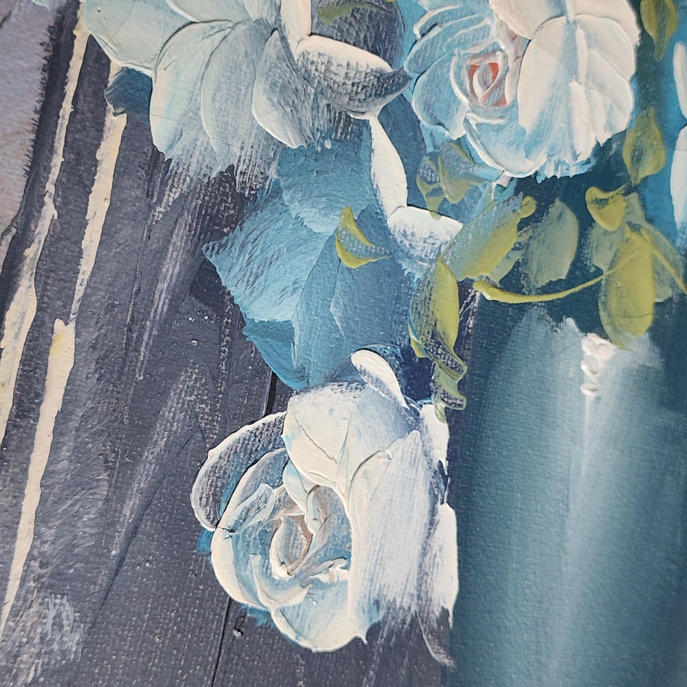 Vintage B. Sokal Blue Floral Oil Painting Textured Palette Knife Framed Wall Art - Picture 4 of 8